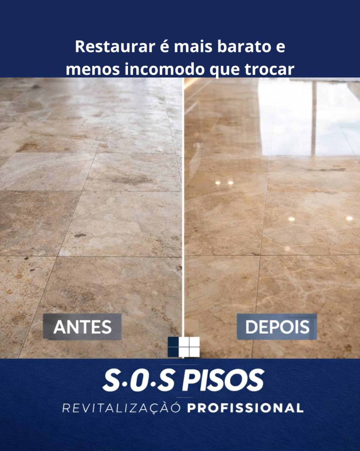 Antes e depois de revitalização profissional de piso pela SOS Pisos